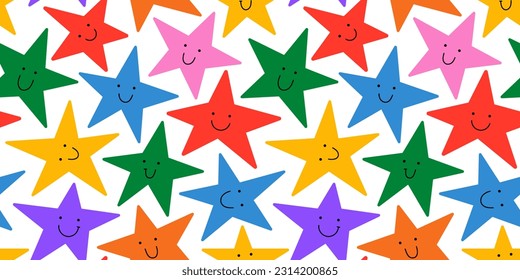 Colorful rainbow star seamless pattern illustration with funny smiling face. Diverse celebration background print. Birthday event, holiday backdrop texture, party design.	
