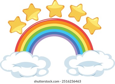 Colorful rainbow with stars and fluffy clouds