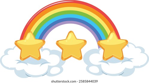 Colorful rainbow with stars and fluffy clouds