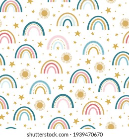 Colorful Rainbow, Stars, and Suns Seamless Pattern Background