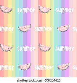 colorful rainbow striped  seamless vector pattern background illustration with watermelons slice and hand drawn lettering word summer 