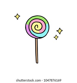 Colorful rainbow swirl lollipop candy, sweet lollipop with sparkles, hand drawn doodle vector illustration, isolated.