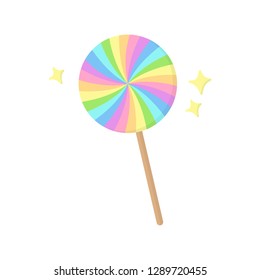 Colorful rainbow swirl lollipop candy, sweet lollipop with sparkles, graphic icon vector illustration, isolated.