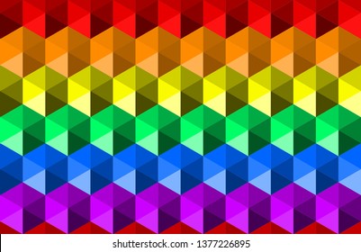 Colorful rainbow texture background of hexagon shapes, horizontal seamless pattern, LGBTQ (lesbian, gay, bisexual, transgender, and questioning) pride flag colors. Flat design vector illustration.