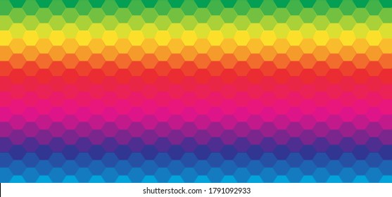 Colorful rainbow texture background of hexagon shapes, horizontal seamless pattern, LGBT lesbian, gay, bisexual, transgender, and questioning pride flag colors. Flat design vector illustration.