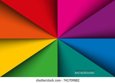 Colorful rainbow triangles background with shadows, colorful papers vector template, spectrum pattern