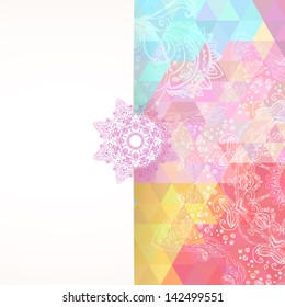 Colorful rainbow triangular background with doodle floral ornament for your web design
