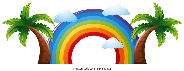 Colorful rainbow with two coconut trees illustration