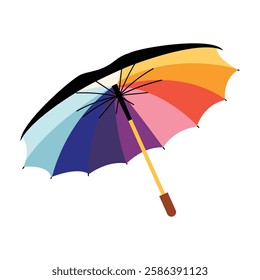 Colorful rainbow umbrella, hand-drawn spring vector illustration, minimalistic style, perfect for spring themes, rainy weather, and seasonal designs, isolated on white background.