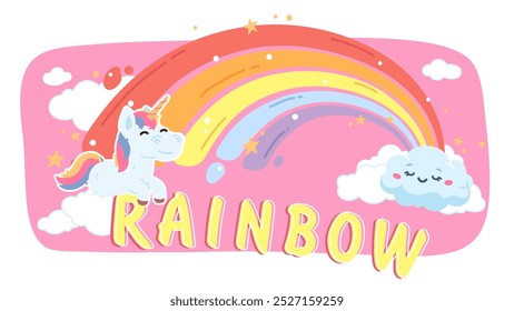 Colorful rainbow and unicorn fantasy decoration. Cute magical imaginary animal creature, animated cloud cartoon character. Beautiful children poster background concept flat vector illustration