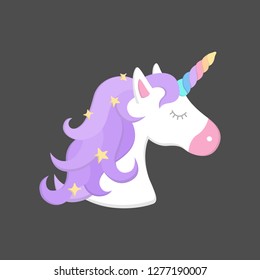 Colorful rainbow unicorn vector illustration drawing with shadow. Cute unicorn's head with rainbow horn and violet mane with sparkling stars. Unicorn cartoon print isolated on grey background.