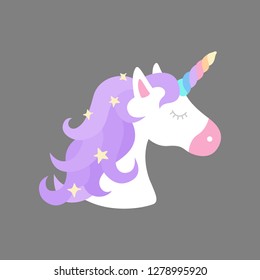 Colorful rainbow unicorn vector illustration drawing. Cute unicorn's head with rainbow horn and violet mane with sparkling stars. Isolated on grey background.