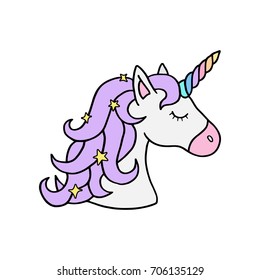 Colorful rainbow unicorn vector illustration drawing. Cute unicorn's head with rainbow horn and violet mane with sparkling stars. Unicorn cartoon graphic print isolated on white background.