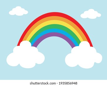 Colorful rainbow vector with clouds over blue background