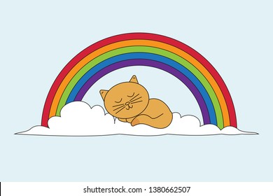 Colorful rainbow vector illustration website header with clouds and cat.