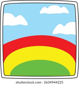 Colorful Rainbow Vector Landscape with Blue Sky and White Clouds Framed Like Window – Cheerful Nature Illustration for Kids, Posters, and Educational Projects