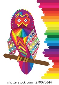 Colorful rainbow vector owl, geometric proportions. Spectrum illustration