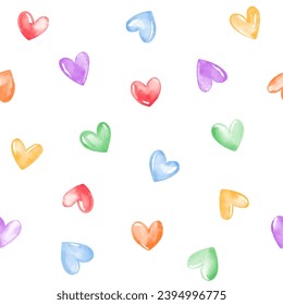 Colorful rainbow watercolor tiny hearts seamless repeat vector pattern. Valentine's day, lgbt, gay pride, diversity aquarelle background. Hand brush drawn, doodle painted watercolour cute heart shapes