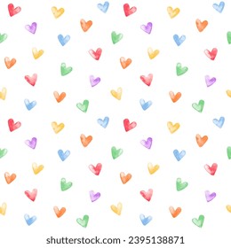Colorful rainbow watercolor tiny hearts seamless repeat vector pattern. Valentine's day, lgbt, gay pride, diversity aquarelle background. Hand brush drawn, doodle painted watercolour cute heart shapes
