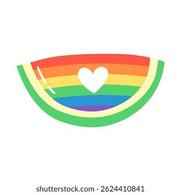 Colorful rainbow watermelon slice with heart symbol. Hand drawn vector illustration.