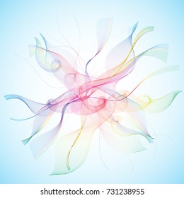 Colorful rainbow waves and lines pattern isolated soft blue background. Vector illustration.