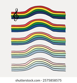 Colorful rainbow waves with musical note. Rainbow waves in vibrant colors. Musical note with rainbow waves. Artistic rainbow waves and music symbol. Vintage art drawing, isolated vector element.