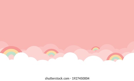 Colorful rainbow with white cloud and bright pink sky bottom border seamless pattern.