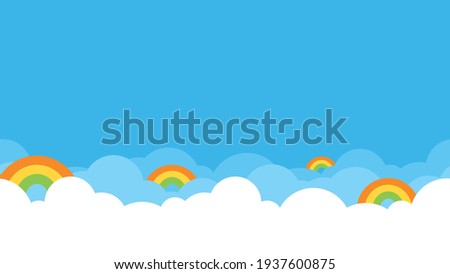 Colorful rainbow with white cloud and bright blue sky bottom border seamless pattern.