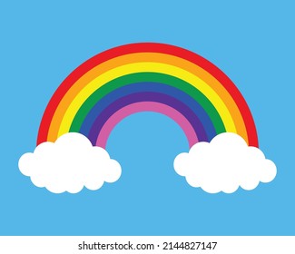 Colorful Rainbow with white clouds and blue sky Vector Illustration. Colorful Rainbow icon. Rainbow arc shape, half circle, cloud, sky, bright spectrum colors, colorful striped pattern. 