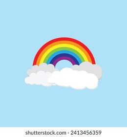 Un arcoiris colorido con nubes blancas sobre un fondo azul.
