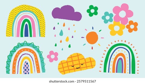 Colorful rainbows, clouds, and flowers in a playful, childlike design. Bright rainbows and cheerful clouds with smiling faces. Vibrant flowers and rainbows. Cute illustrations, isolated vector set.