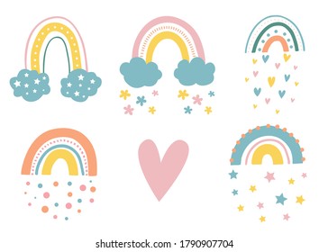 Colorful rainbows and clouds. Vector illustration. Isolated background. Kids baby clipart. Rain from hearts and stars. Scandinavian print nursery decor. Pastel color