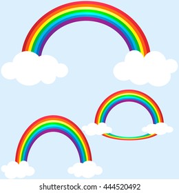 Colorful rainbows with clouds. Vector illustration.