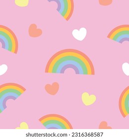 Colorful rainbows and hearts on pink background. Pattern for des