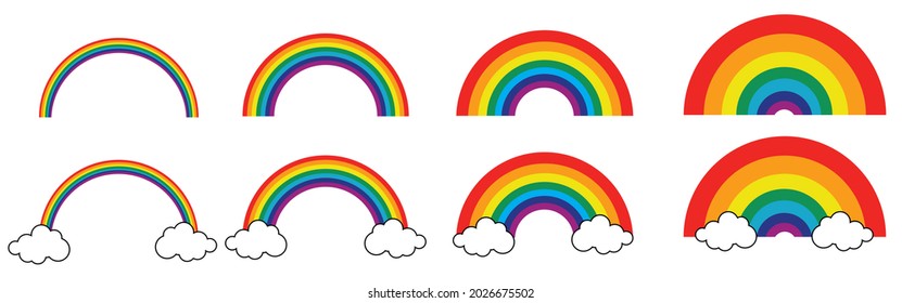 Colorful rainbows icons set. Collection classic rainbow. Red, orange, yellow, green, blue and purple colour. Rainbow with white cloud