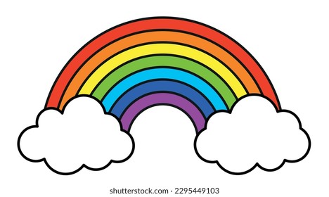 Colorful rainbows icons set. Collection classic rainbow. Red, orange, yellow, green, blue and purple colour. Rainbow with white cloud.