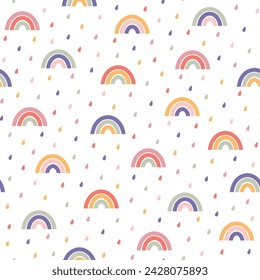 Colorful rainbows and raindrops cute hand drawn seamless vector pattern. Kawaii background for kids room decor, nursery art, packaging, wrapping paper, textile, print, fabric, wallpaper, gift, apparel