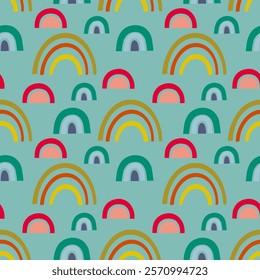 Colorful rainbows seamless pattern, vector background. Ideal for fabric, textile, baby bedding, wallpaper, pajamas. Scandinavian style.