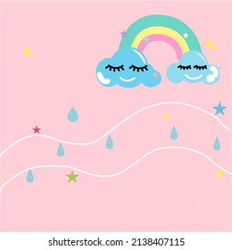 Arcos de colores, nubes sonrientes en el cielo sobre fondo rosa pastel