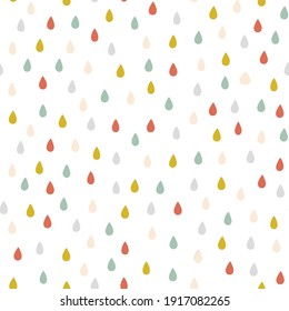 Colorful Raindrop Seamless Pattern. Cute Scandinavian Baby Print. Rainy Weather Sky Design Print For Apparel, Fabric, Wrapping Paper