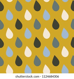 Colorful rainy day pattern, seamless repeat. Cool palette on mustard yellow background. Trendy flat style. Great for scrapbooking, wrapping paper, fabrics, wallpaper, card & editorial design etc.