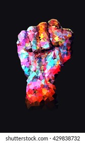 Colorful raised up clenched male fist. Symbol of demonstration, revolution, protest, resistance and  freedom. Vector geometric polygonal style.