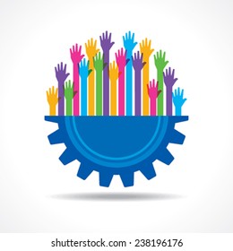 Colorful raised hand on the half gear symbol stock vector