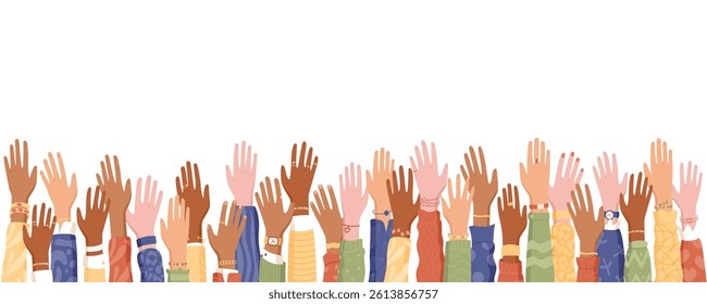 Colorful raised hands in community support and open hand solidarity. A flat design of diverse hands symbolizing charity, volunteer help, and people unity. Ideal for solidarity, nonprofit, social