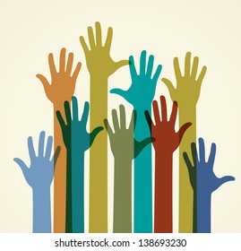 Colorful raised hands. The concept of diversity. Group of hands. Giving concept. This work - eps10 vector file, contain transparent elements