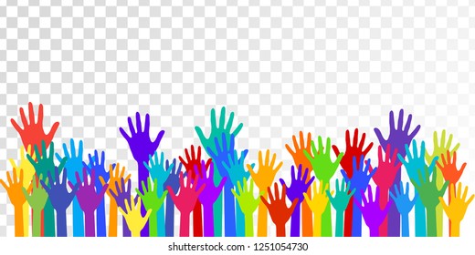 Colorful Raised Hands Group Art Therapy Vector Illustration. Hands In Paint Of Rainbow Colors Raised Up Art, Party, Joy And Fun, Friendship Or Group Therapy Symbols. Many Children Arms Together.