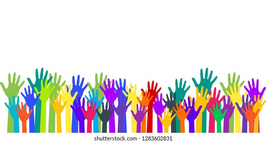 Colorful raised hands group art therapy vector illustration. Hands in paint of rainbow colors raised up art, party, joy and fun, friendship or group therapy symbols. Many children arms together.