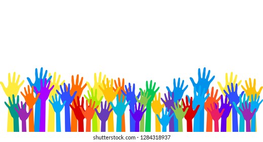 Colorful raised hands group art therapy vector illustration. Hands in paint of rainbow colors raised up art, party, joy and fun, friendship or group therapy symbols. Many children arms together.