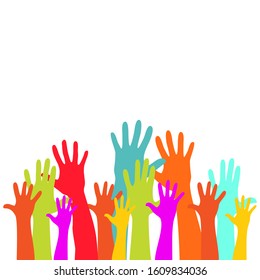 Colorful raised hands group art therapy vector illustration. Hands in paint of rainbow colors raised up art, party, joy and fun, friendship or group therapy symbols. Many children arms together