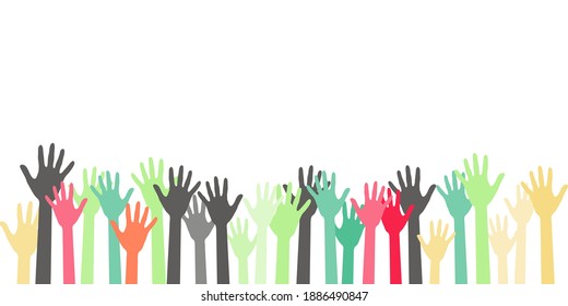 Colorful raised hands group art therapy vector illustration. Hands in paint of different colors raised up art, party, joy and fun, friendship or group therapy symbols. Many children arms together.